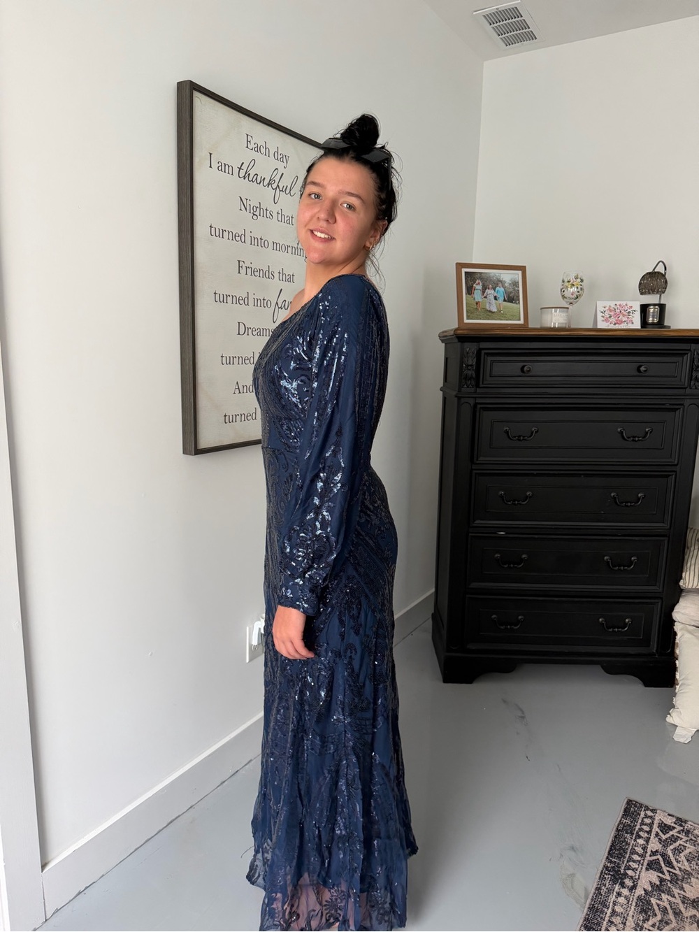 One-Shoulder Navy Sequin Evening Dress by